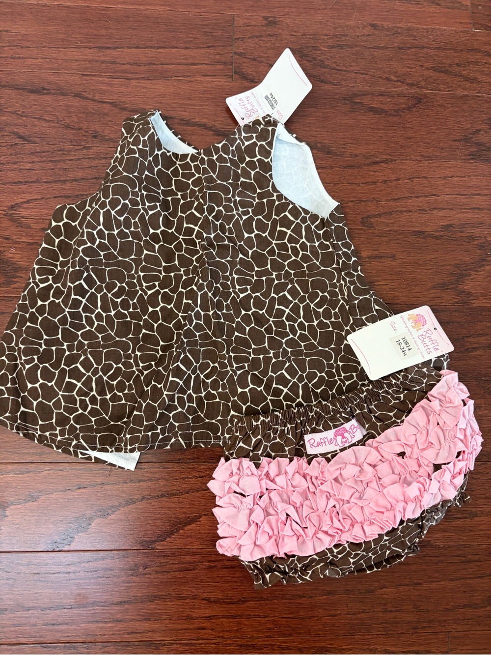 NWT Ruffle Butts Brown Giraffe-Print Tank with Pink Ruffle Bloomers set 18/24 mo